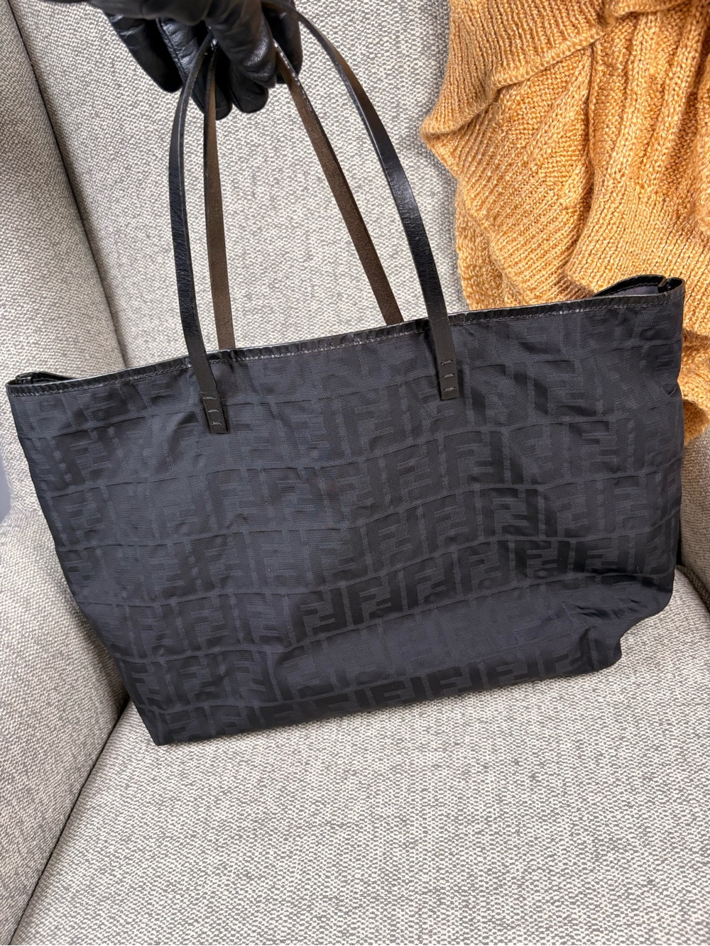 Fendi Black FF Jacquard Nylon Tote with Leather Straps